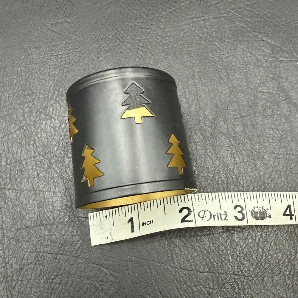 Set of 4 Christmas Tree Cutout Metal Napkin Rings Black and Gold Holiday Decor